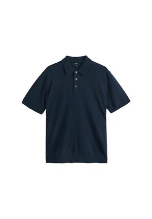 Polo a maniche corte blu navy in tessuto lavorato a maglia, con collo classico e abbottonatura a tre bottoni, con dettagli a coste sull'orlo.