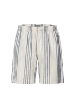 Beżowo-szare, pionowo prążkowane szorty z elastycznym pasem i przednim sznurkiem, do kolan, styl casualowy.