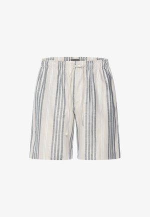 Beżowo-szare, pionowo prążkowane szorty z elastycznym pasem i przednim sznurkiem, do kolan, styl casualowy.
