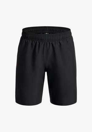 Pantalones cortos deportivos negros con cinturilla elástica, textura suave y un pequeño detalle de logo en el lado izquierdo. Largo hasta medio muslo.