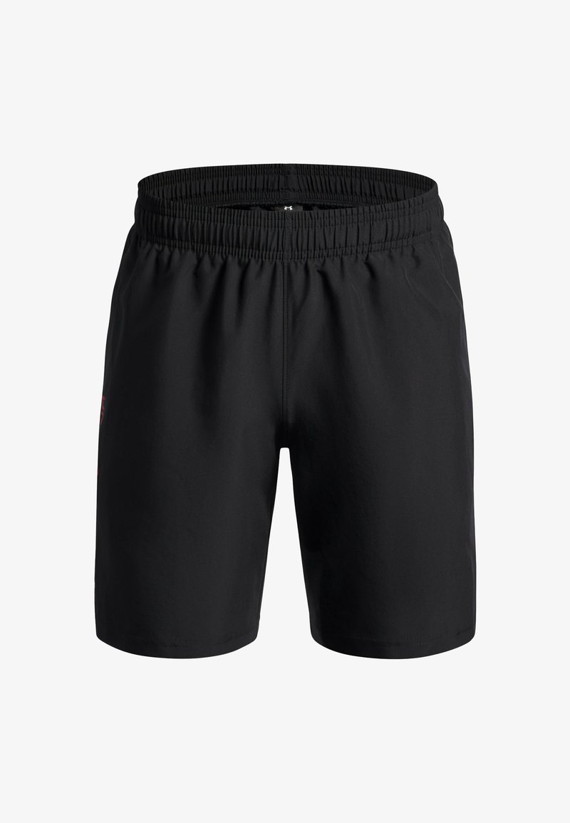 Mustad mustad lühikesed püksid elastse vöökoha, sileda tekstuuri ja väikese logonüansiga vasakul küljel. Keskmise reie pikkus.