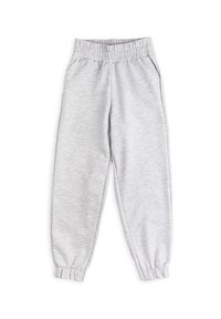 Jasnoszare spodnie dresowe z elastycznym paskiem w talii, zwężanymi nogawkami, bocznymi kieszeniami i miękkim, teksturowanym materiałem.