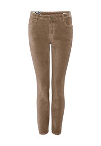 Pantalon en velours côtelé marron coupe slim avec passants pour ceinture, bouton à l'avant, fermeture éclair, ainsi que poches avant et arrière.