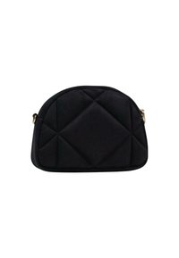 Borsa a tracolla nera trapuntata con parte superiore curvata, caratterizzata da motivi a rombi e una singola tracolla. Texture liscia e dettagli in metallo dorato.