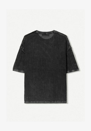 Sort kortærmet t-shirt med ribbet tekstur, rund hals, og en afslappet pasform, med et ensartet mønster og lige kant.