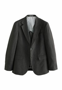 Sacou de culoare gri închis cu rever în formă de cioc, închidere cu un singur nasture, două buzunare frontale și o țesătură texturată. Interior căptușit cu un model în dungi.
