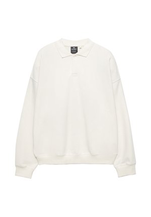 Lys beige pullover med polo-krave, lange ærmer og ribbede manchetter. Blødt stof, afslappet pasform, med en tre-knaps stolpe.