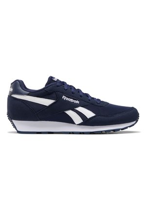 Zapatilla de running azul marino con acentos en blanco, tejido texturizado y una suela de goma resistente. Presenta el clásico logo de Reebok y un diseño de cordones.