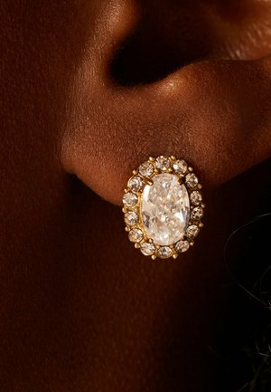 Goldener Ohrstecker mit einem ovalen, klaren zentralen Edelstein, umgeben von kleineren, runden klaren Steinen an einem Ohr.
