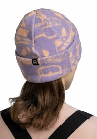 Purple fleece beanie with peach abstract patterns, featuring a cuffed design and a black logo tag. Soft texture and rounded shape.