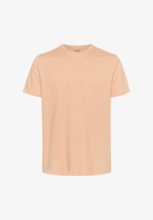 Világos barack színű, rövid ujjú póló, kerek nyakkivágással, puha anyagból, sima textúrával, egyszerű, díszítetlen dizájnnal.