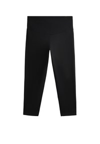 Leggings capri noirs en tissu extensible, avec une taille haute et une texture lisse. Pas de motifs ni d'embellissements visibles.