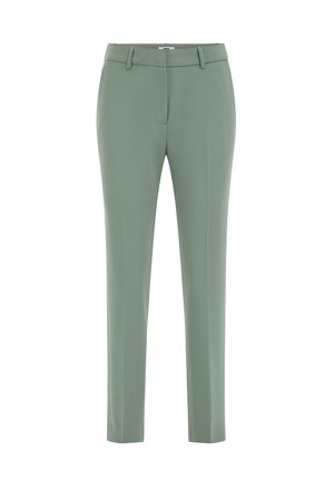 Vihreät räätälöidyt housut slim-fit-leikkauksella, tasaisella etuosalla, vyölenkeillä ja sileällä, kevyellä kankaalla. Varustettu vetoketjuluukulla ja sivutaskuilla.