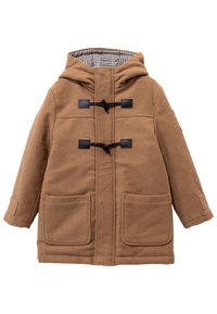 Cappotto di lana marrone con cappuccio, dotato di toggles neri e due tasche frontal. All'interno ha una fodera a scacchi bianca e nera.