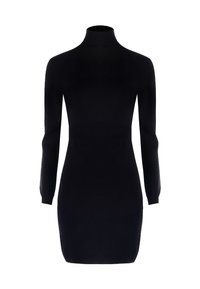 Abito turtleneck lungo nero in maglia con vita aderente e polsini e orlo a coste su sfondo bianco.