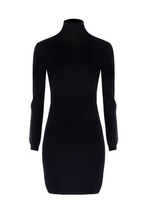 Abito turtleneck lungo nero in maglia con vita aderente e polsini e orlo a coste su sfondo bianco.