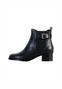 Black leather ankle boot with a rounded toe, elastic side panels, and a decorative silver buckle. It features a low stacked heel.