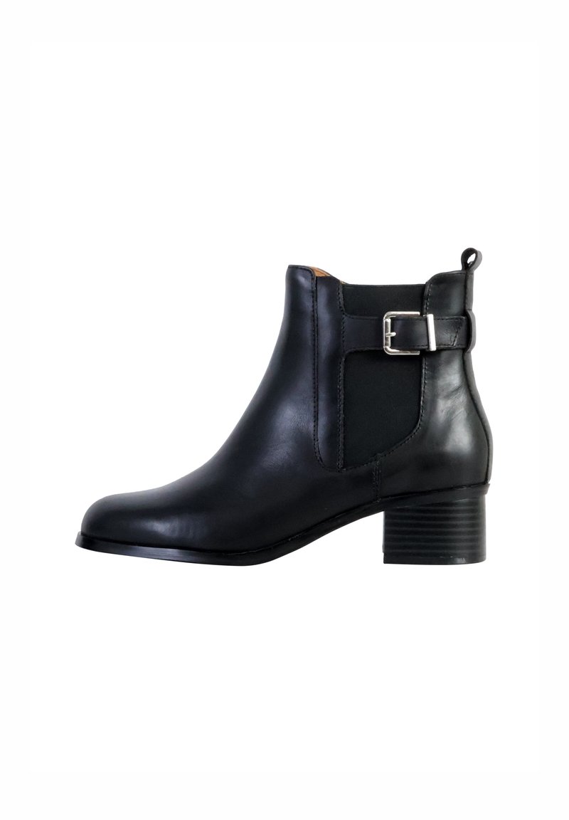 Black leather ankle boot with a rounded toe, elastic side panels, and a decorative silver buckle. It features a low stacked heel.