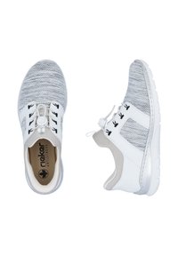White athletic shoes with a mesh upper, featuring a textured gray pattern, elastic laces, and a flexible rubber sole.