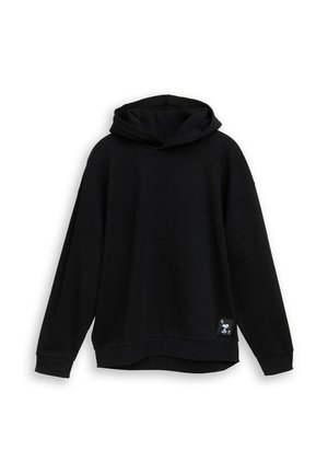 Black long-sleeve hoodie with a small graphic patch of a dancing character near the bottom hem on the front right side.