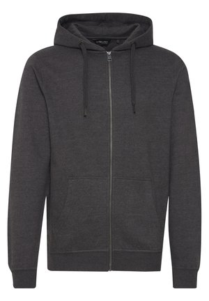 Dark gray zip-up hoodie made of soft fabric, featuring a drawstring hood, front pockets, and ribbed cuffs and hem.