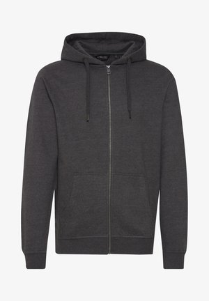 Felpa zip grigia scura realizzata in tessuto morbido, con cappuccio regolabile, tasche frontali e polsini e bordo a costine.