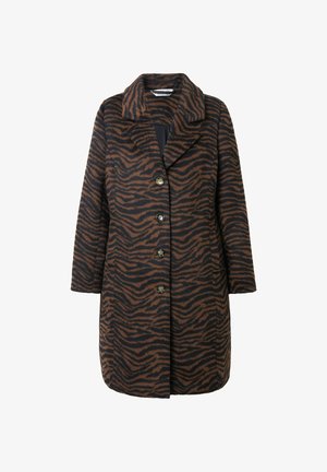 Cappotto a strisce tigre marroni e nere con colletto a punte, chiusura con bottoni e maniche lunghe. Presenta quattro bottoni e tasche laterali.