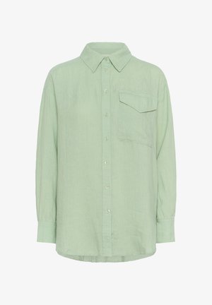 Hele roheline pika varrukaga särk, mis on valmistatud tekstuuriga kangast, millel on terav krae, eest tasku ja nööbiga sulgning.