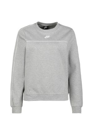 Sweat-shirt Nike gris clair à manches longues, avec des accents en passepoil blanc sur la poitrine et les manches, et un petit logo Nike blanc sur le devant.