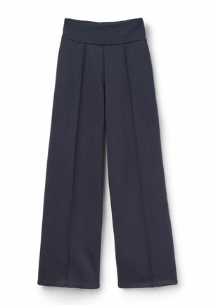 Marineblau weit geschnittene Hose aus weichem Stoff, mit hoher Taille und Falten für zusätzlichen Volumen. Glatte Textur ohne sichtbare Muster.