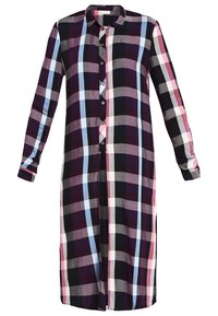 Robe boutonnée à manches longues avec un grand motif à carreaux noir, violet, bleu, blanc et rose et un col.