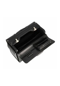 Black leather briefcase with silver hardware, open to reveal a spacious interior, multiple compartments, and a sleek, smooth texture.