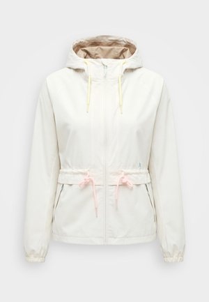 Veste blanche à capuche avec fermeture éclair, cordons ajustables à la taille et à la capuche, poignets élastiques et poches avant zippées.