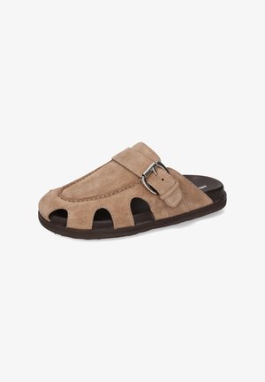 Brown suede slide-on sandal with open cutouts, a flat sole, and an adjustable buckle strap across the upper. Smooth inner lining.