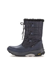 Marine waterdichte winterlaars met een geborduurd textielschaft en een nepbontkraag. Voorzien van verstelbare veters en een getextureerde rubberen zool. Vibram-branding.