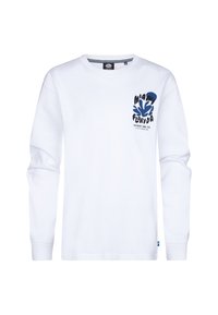 T-shirt a maniche lunghe in cotone bianco con una stampa grafica blu recante il testo "Miami" e "Florida". Include un collo e polsini a coste.
