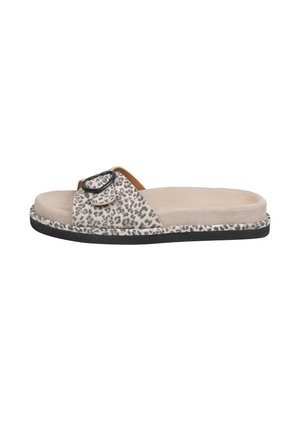 Leoprint-Sandale mit breitem Riemen, schwarzen Hardware-Details, braunem Fußbett und strukturiertem Sohlenmaterial. Leichtgewichtig und im Slip-On-Design.
