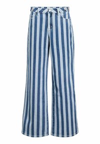 Jean taille haute à jambes larges avec des rayures verticales bleu et bleu clair, fermeture avant par boutons et fermeture éclair, et passants pour ceinture.