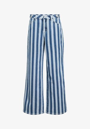 Høytlivs vide jeans med vertikale blå og lyseblå striper, frontknapper og glidelåslukking, og beltehemper.