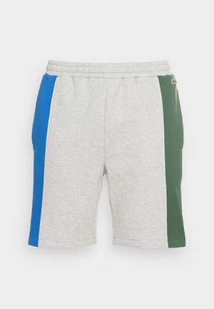 Helle graue Shorts mit elastischem Bund, mit blauer Paneel auf der linken Seite und grünem Paneel mit kleinem Logo auf der rechten Seite.