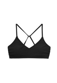 Top de bikini negro con un patrón de zigzag texturizado, diseño de escote en V y tirantes ajustables delgados que se cruzan en la parte posterior. Acabado de tela suave.
