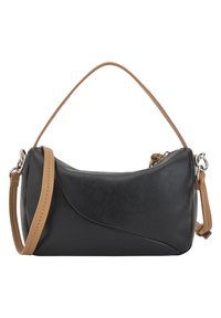 Black leather handbag with a curved design, tan shoulder strap, silver hardware, and a textured surface. Features a small, adjustable crossbody strap.