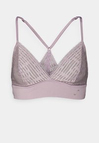 Svijetlo lavanda bralette s mrežastim čipkastim prekrivačem, dizajn u obliku slova V, podesive naramenice i mekani donji pojas. Delikatna čipkasta obruba ukrašava rubove.