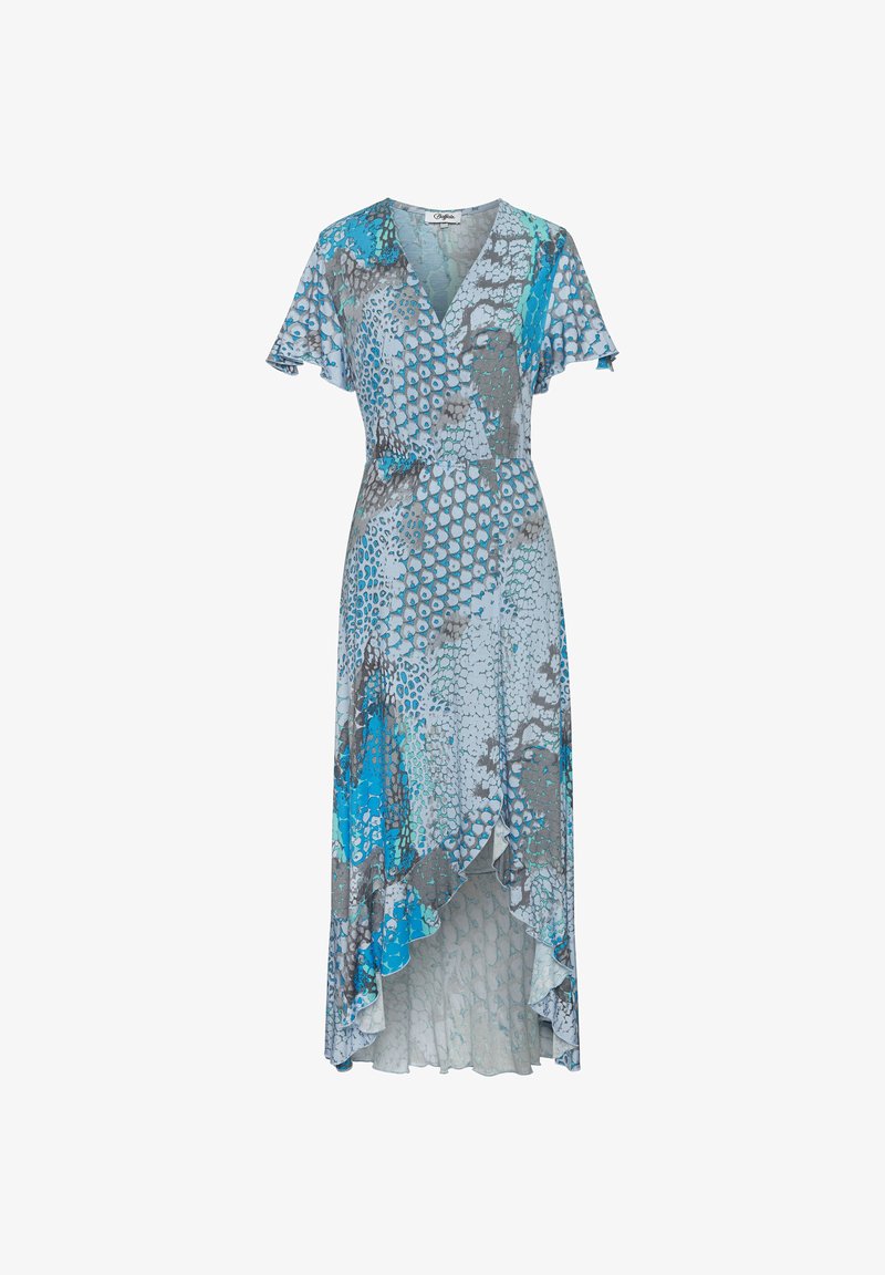 Maxi dress with a deep V-neck and short flutter sleeves. Features a blue and gray abstract pattern, soft fabric, and asymmetric hem.