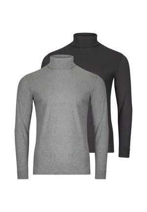 Dwa swetry z golfem z długim rękawem w kolorze szarym i ciemnoszarym, nakładane na siebie na białym tle.