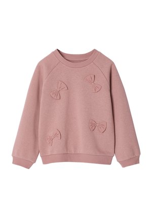 Rosa Baumwoll-Sweatshirt mit rundem Ausschnitt, gerippten Bündchen und sechs strukturierten Stoffschleifen, die gleichmäßig auf der Vorderseite verteilt sind.