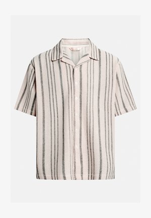 Short-sleeved shirt in light pink with vertical black stripes. Features a notched collar and button front. Textured fabric.
