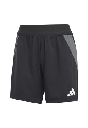 Shorts sportivi neri con una cintura elasticizzata, con un pannello diagonale grigio e un logo bianco in risalto. Texture liscia, lunghezza a metà coscia.
