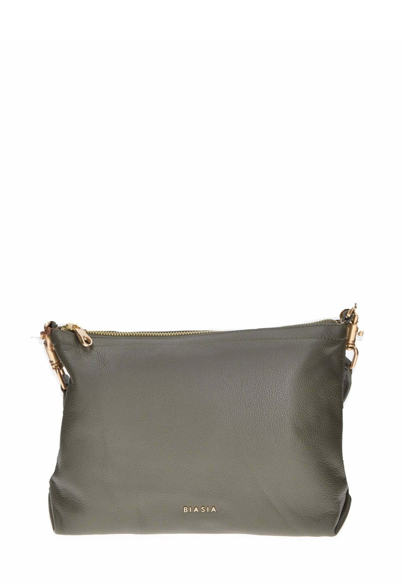 Borsa a tracolla in pelle verde oliva con finitura texturizzata, cerniera e accessori in tono oro, e dettaglio del logo frontale. Forma compatta e rettangolare.