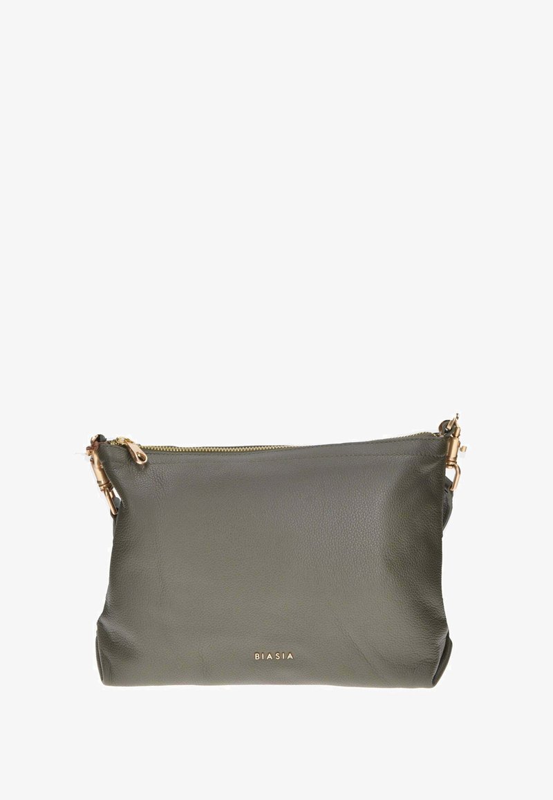 Borsa a tracolla in pelle verde oliva con finitura texturizzata, cerniera e accessori in tono oro, e dettaglio del logo frontale. Forma compatta e rettangolare.